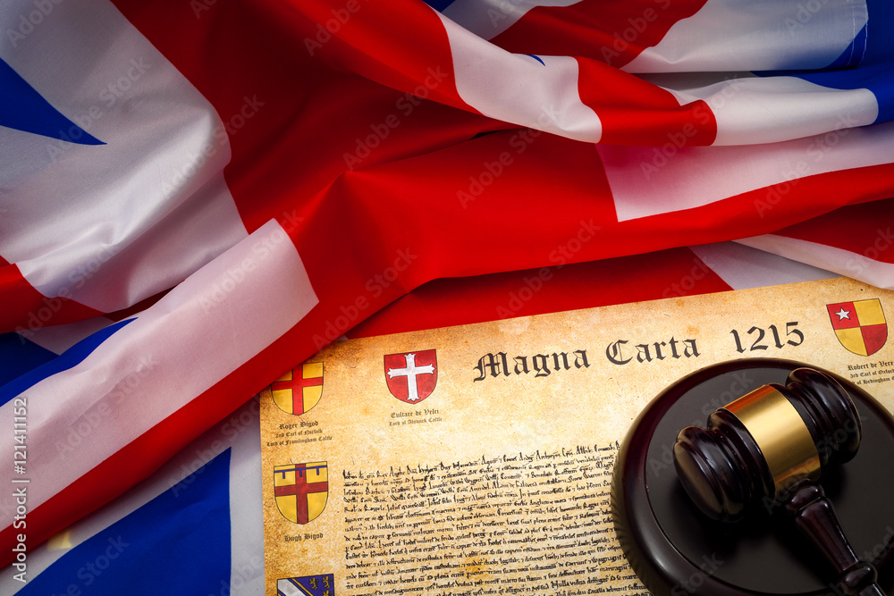 Union Jack and the Magna Carta (a symbol for human rights, democracy and free speech) next to a gavel