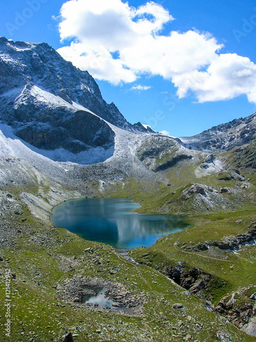 mountain lake in the Swiss Alps with light snow