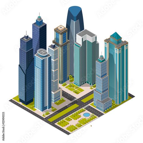 Isometric city, Dubai skyscraper 3d view, park, street, office buildings vector illustration