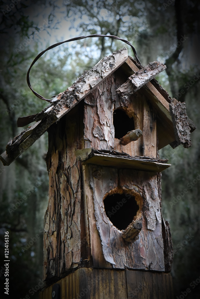 Weathered Bird House battered by squirrels and woodpeckers