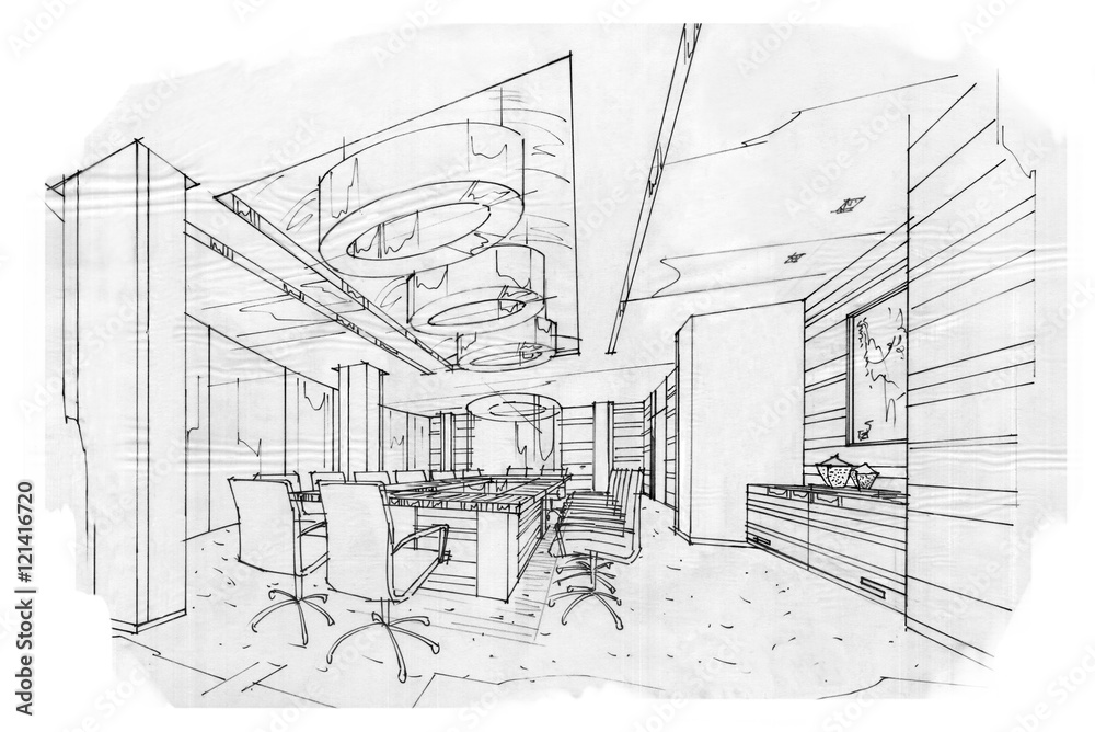 sketch interior perspective meeting room, black and white interior design.