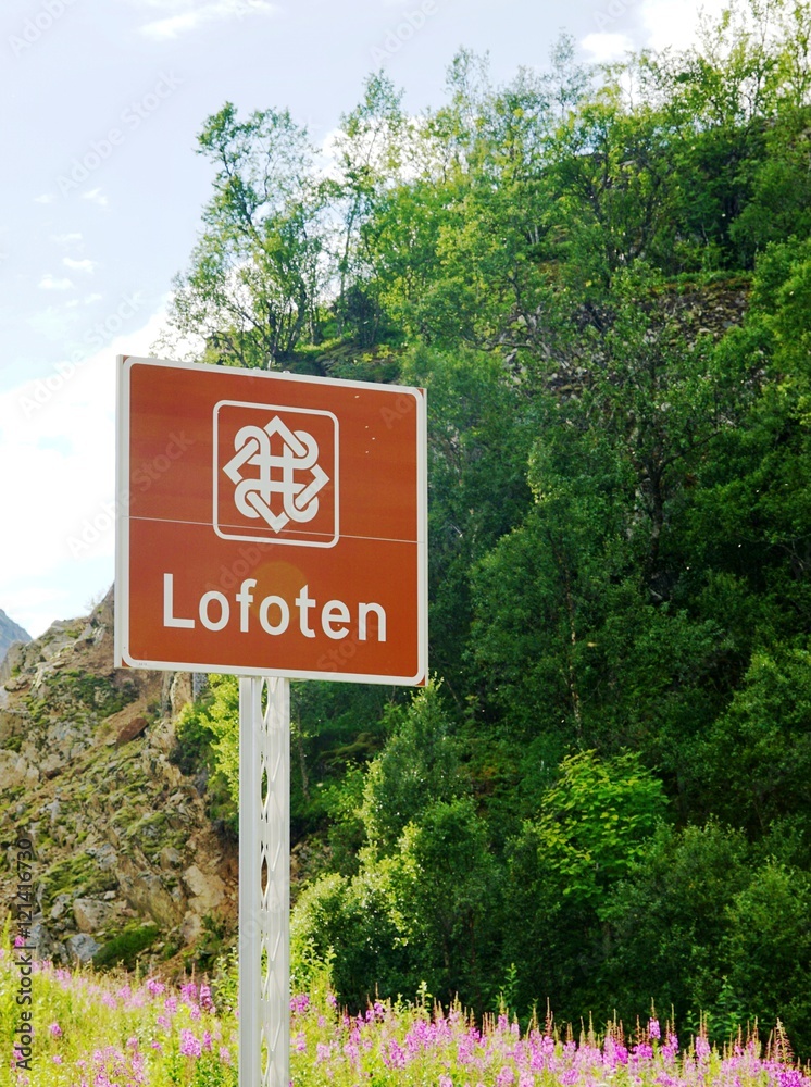 Road sign indicating the Lofoten Islands in Norway