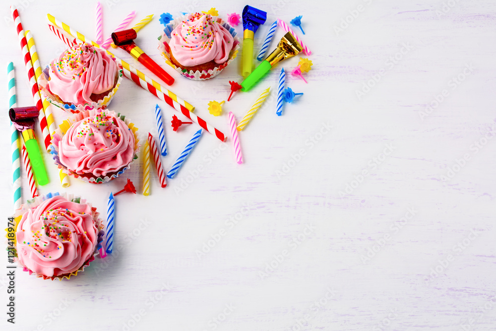 Birthday background with pink cupcakes Stock Photo | Adobe Stock
