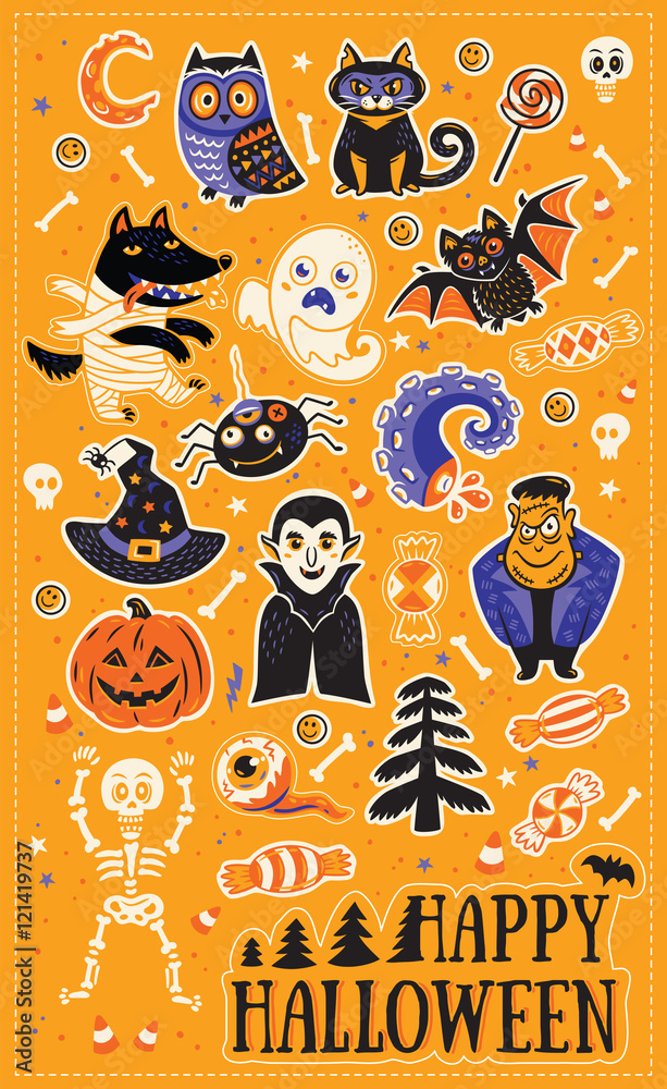 Sticker set with cartoon characters and elements for Halloween Sticker set with cartoon characters and elements for Halloween