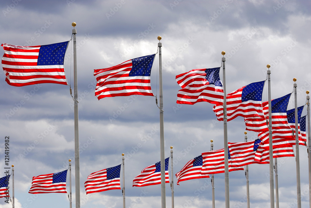 USA flags in a row waving in the wind USA flags in a row waving in the wind