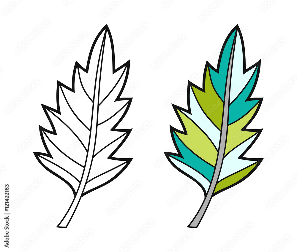 Black and white, coloured leaf for coloring book. Floral object.