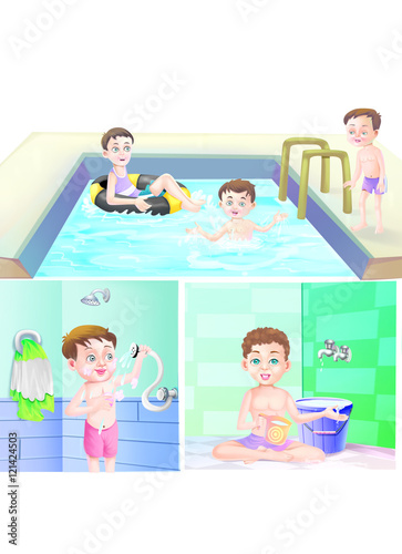 Boys baths in pool and in b...