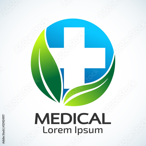 Medical eco logo icon design template with cross and plus.