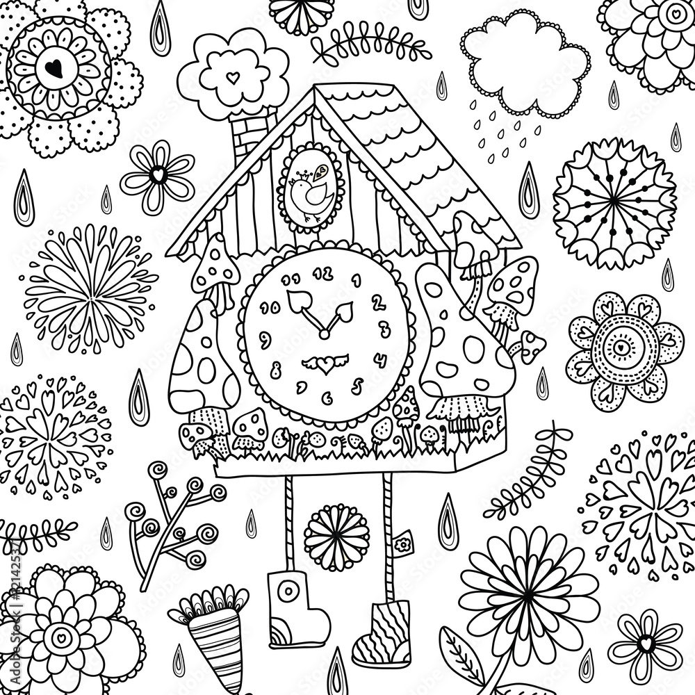 The cuckoo clock. Cute coloring. Vector. Adobe Stock