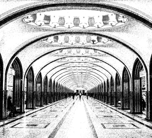 Graphic pencil sketch of Moscow subway station Mayakovskaya by digital painting