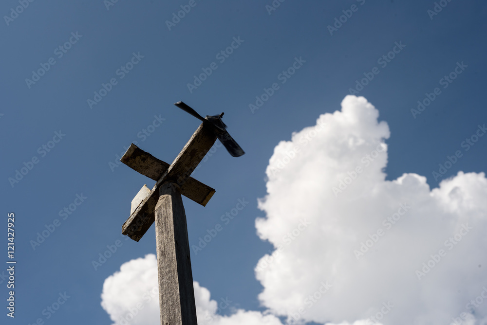 Wooden Weathervane Airplane and Summer Sky and Clouds Wooden Weathervane Airplane and Summer Sky and Clouds
