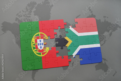 puzzle with the national flag of portugal and south africa on a world map background.