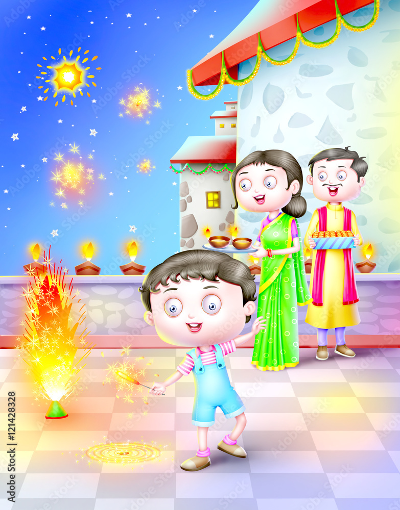 A family celebrates Indian festival Diwali Stock Illustration | Adobe Stock