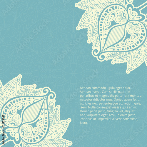 Floral mehendi style background.  Template for invitation or greeting card with   flower and leaf henna style. Background, cover