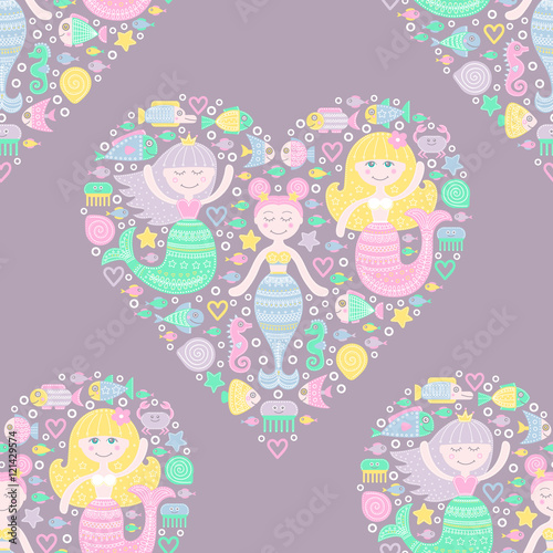 Cute mermaid and fish in heart. Vector seamless pattern with flat mermaid girls. Colorful sea background for kids. Water nymph with doodle ornament on violet background. Pastel colors.