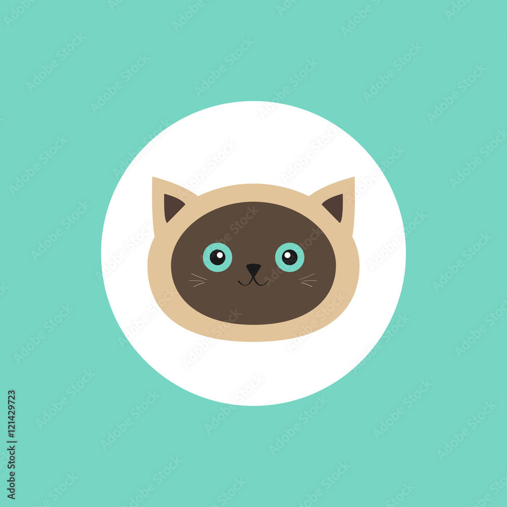 Siamese cat head round circle icon in flat design style. Cute cartoon character. Happy sitting kitten with blue eyes. Baby background. Isolated. Siamese cat head round circle icon in flat design style. Cute cartoon character. Happy sitting kitten with blue eyes. Baby background. Isolated.
