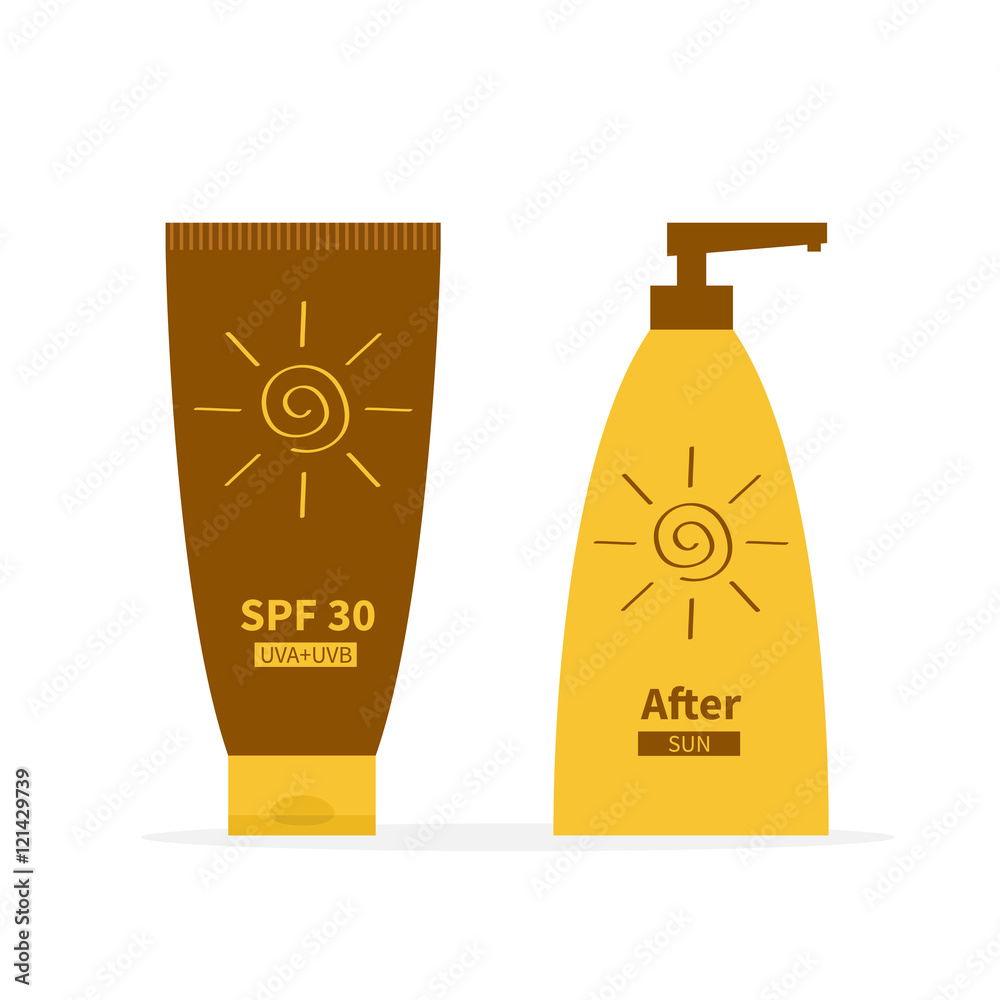 Tube of suntan cream. After sun lotion. Bottle set dispenser. Solar defence icon. SPF 30 sun protection factor. UVA UVB sunscreen. Isolated. White background. Flat Tube of suntan cream. After sun lotion. Bottle set dispenser. Solar defence icon. SPF 30 sun protection factor. UVA UVB sunscreen. Isolated. White background. Flat