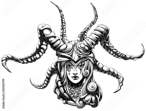 woman shaman wearing a helmet with horns