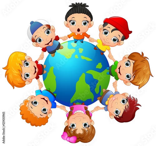Happy children holding hand on around the earth