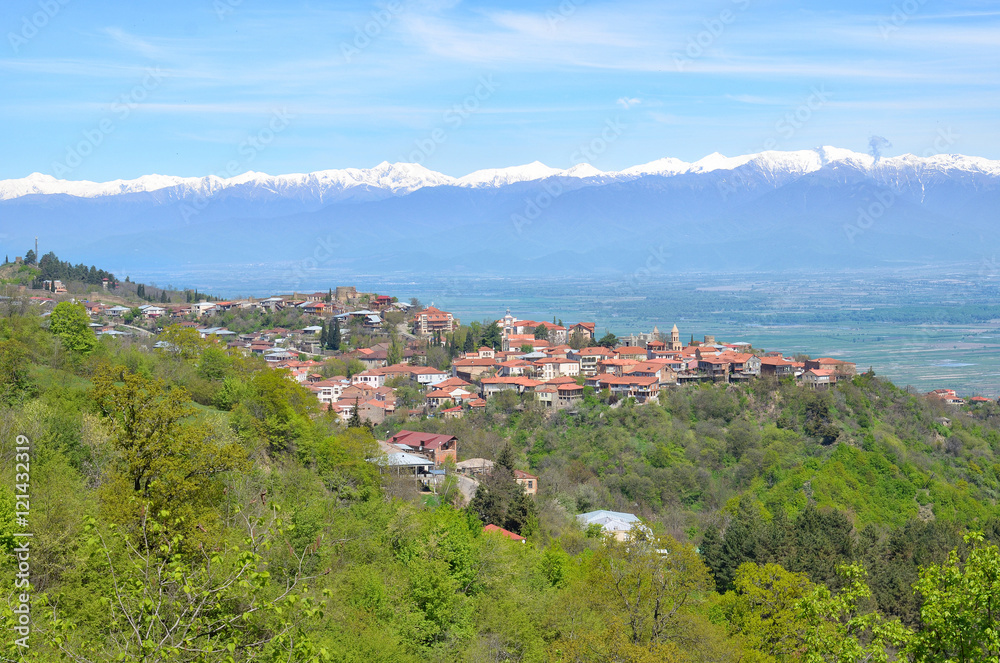 View of the Alazani Valley, the town of Sighnaghi and Caucasian ridge