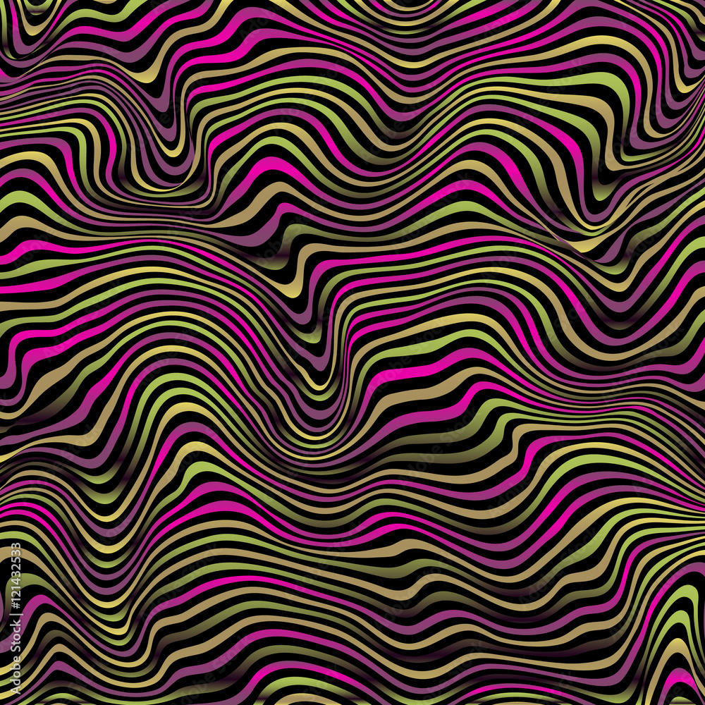 Wavy vivid striped vector background. Bright colorful pattern on black. Deformed distorted space. Abstract curved lines. Vector illustration for your design. Eps10