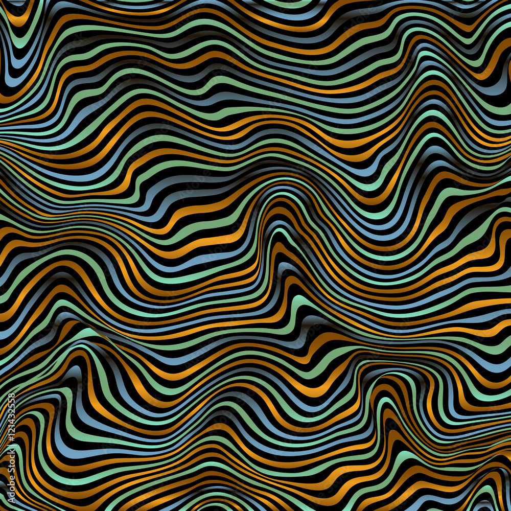 Wavy vivid striped vector background. Bright colorful pattern on black. Deformed distorted space. Abstract curved lines. Vector illustration for your design. Eps10