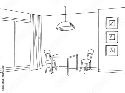 Kitchen room interior graphic art black white sketch illustration vector