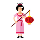 Vector Asian Woman with lantern. Flat style colorful Cartoon illustration.