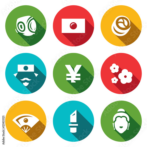 Vector Set of Japan Icons. Sport, National Flag, Traditional Food, Japanese, Yen, Sakura, Geisha, Yakuza, Religion.