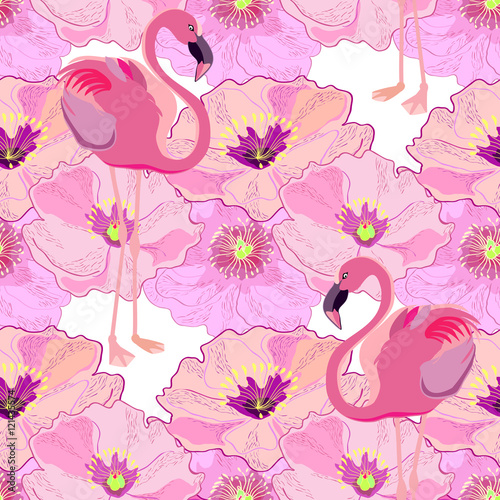 Seamless pattern with flamingos and peonies. Wallpaper, print, background. Vector.