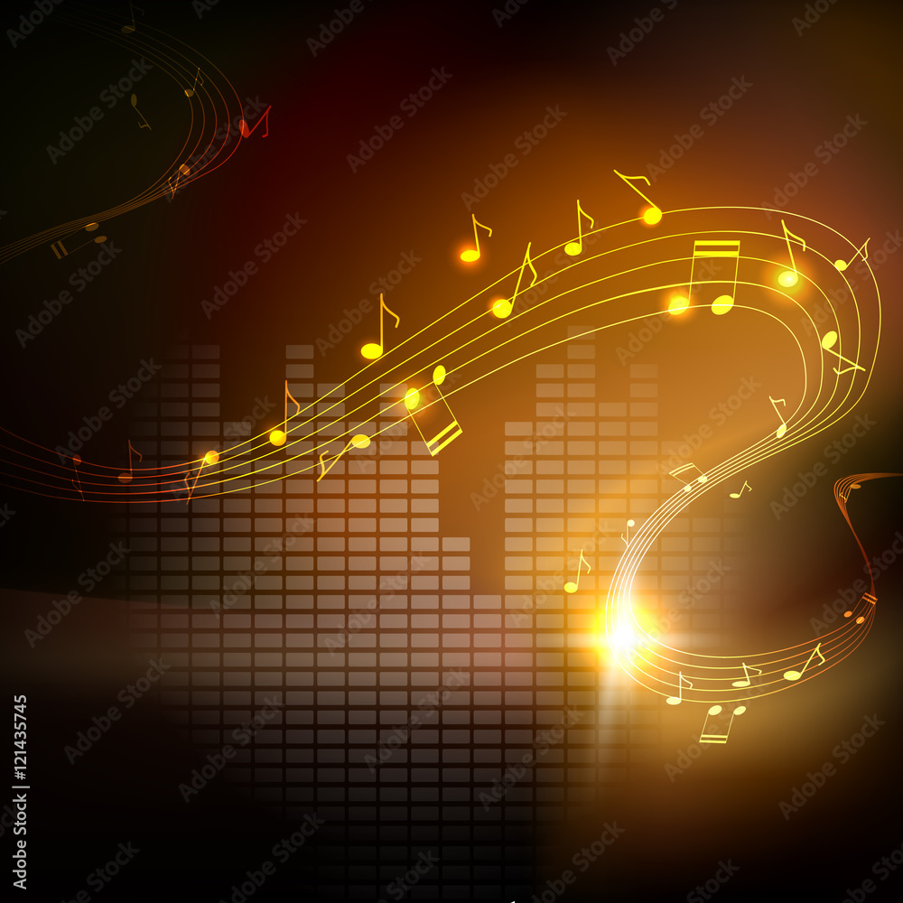 Naklejka premium Vector musical background. Golden melodies, shiny waves of musical notes flying on dark background with equalizer