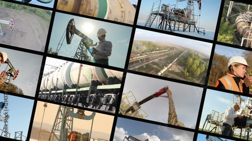Oil industry. Montage split screen. Oil rockers Pump, engineers 