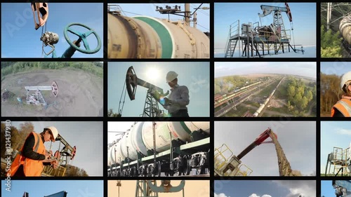 Oil industry. Montage split screen. Oil rockers Pump, engineers 