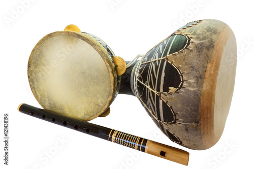 Traditional musical instument Djembe drum, tambourine and flute