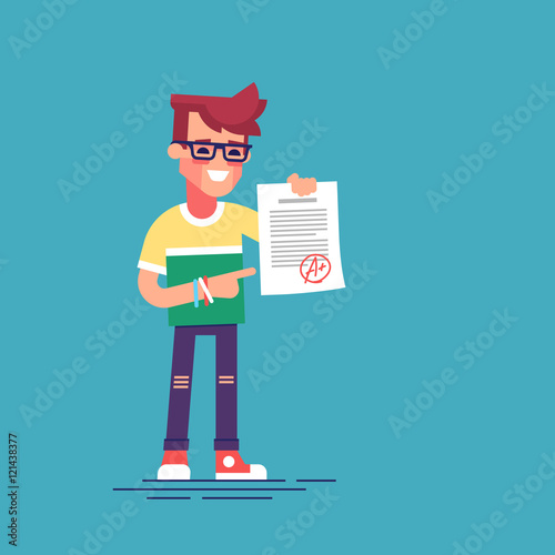 A cute happy student holding sheet with the highest mark. Excellent pupil showing the best result test. Cartoon character. Vector illustration flat design.