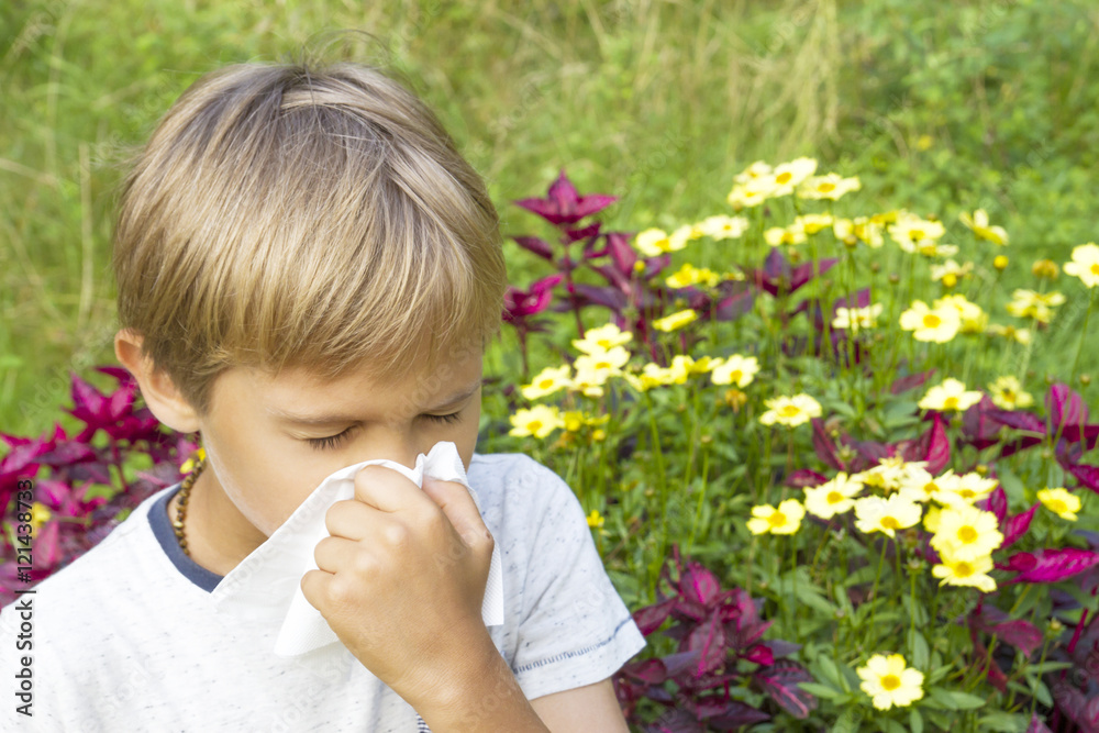 Child is blowing his nose. Flowers and green meadow behind him. Healthcare, medicine, allergy concept. Child is blowing his nose. Flowers and green meadow behind him. Healthcare, medicine, allergy concept.