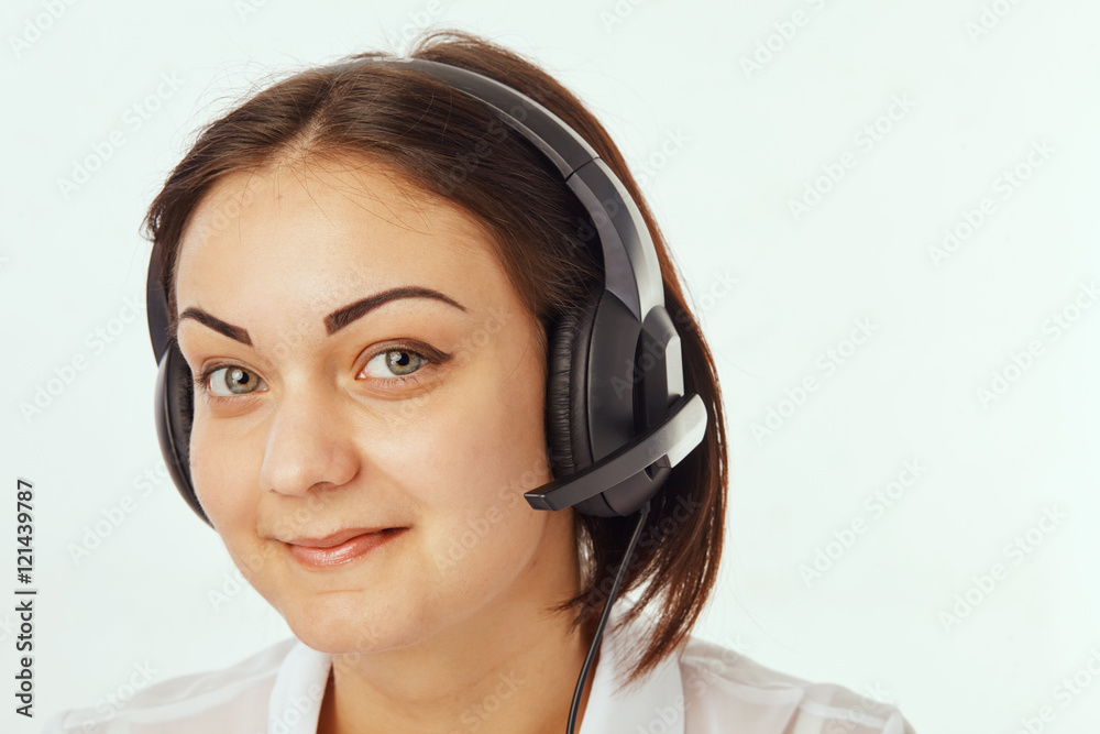 Portrait of happy cheerful support phone operator in headset Portrait of happy cheerful support phone operator in headset