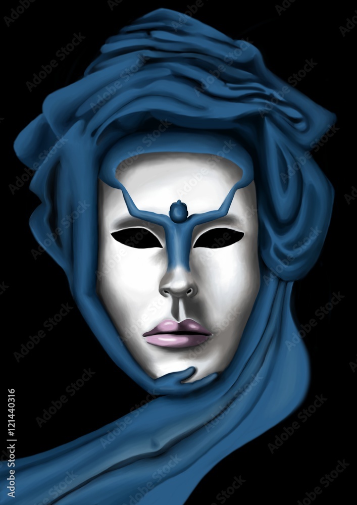 masque de carnaval de Venise. Le visage est entouré d'un turban bleu dont certains plis forment des bouches et un bras. Le nez se transforme en personnage qui semble invoquer le ciel. masque de carnaval de Venise. Le visage est entouré d'un turban bleu dont certains plis forment des bouches et un bras. Le nez se transforme en personnage qui semble invoquer le ciel.