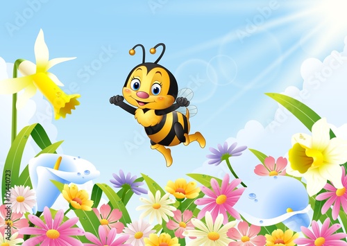 Cartoon bee flying over flower field