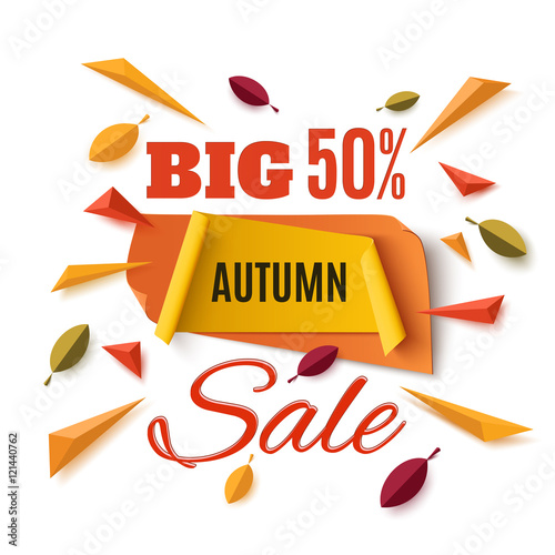 Big autumn sale banner with abstract leafs.