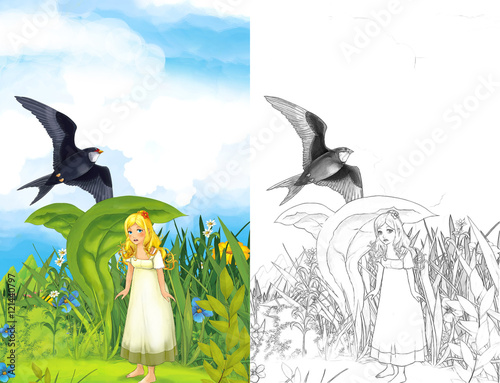 Cartoon fairy tale scene with a young little girl under the leaf on the meadow and cuckoo - illustration for children