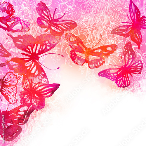 Amazing background with butterflies and flowers painted with wat