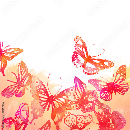Amazing background with butterflies and flowers painted with wat