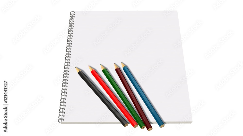 Blank white spiral bound paper drawing pad with color pencil Blank white spiral bound paper drawing pad with color pencil