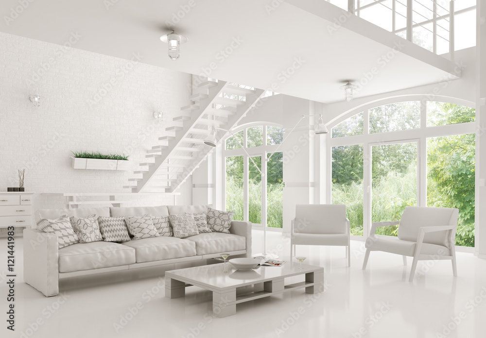 Modern white living room interior 3d rendering