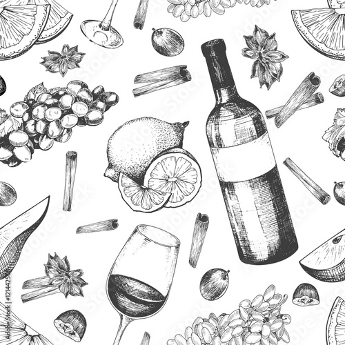 Vector seamless pattern of mulled wine ingredients. Warm alcoholic drink.