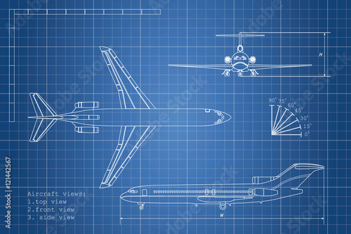 Outline drawing plane on a blue background. Top, side and front