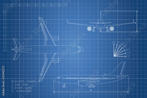 Outline drawing plane on a blue background. Top, side and front