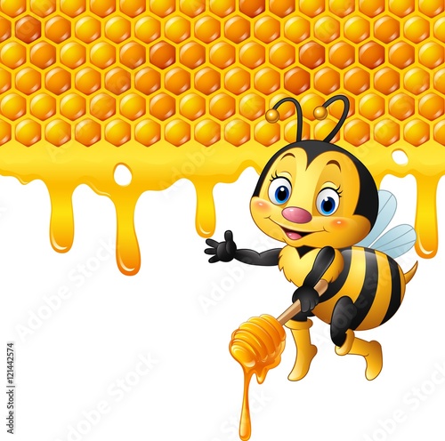 Cartoon bee holding dipper with honeycomb and honey dripping