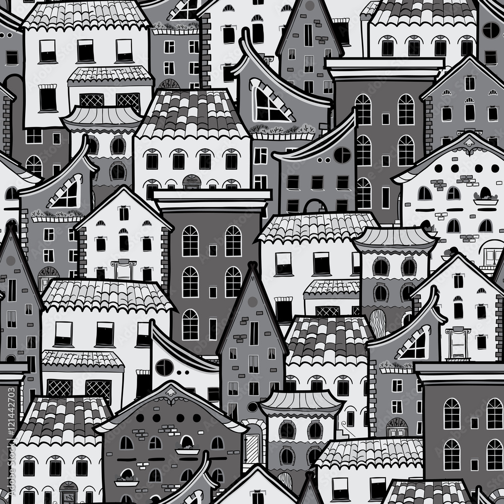 Seamless pattern with houses, doodle house vector background, monochrome house wallpaper, good for design fabric, wrapping paper, postcards, EPS 8